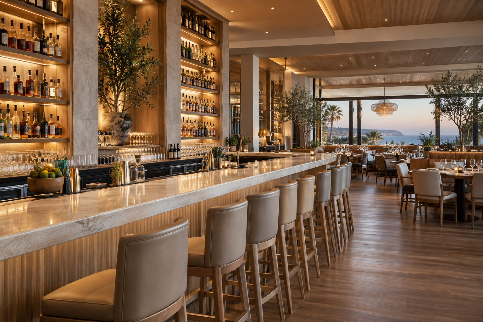 Contemporary restaurant bar concept with a long stone counter, stools and illuminated bottle shelving