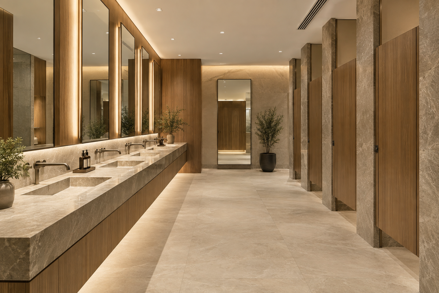 Large commercial bathroom concept with multiple sinks, warm stone finishes and private stalls