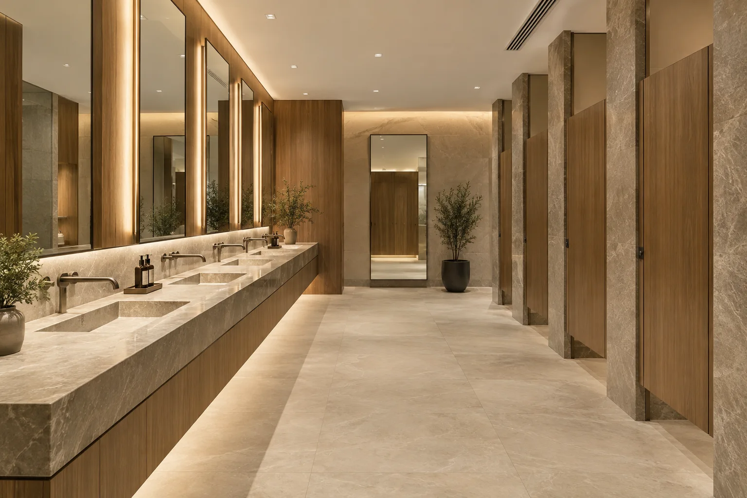 Large commercial bathroom concept with multiple sinks, warm stone finishes and private stalls