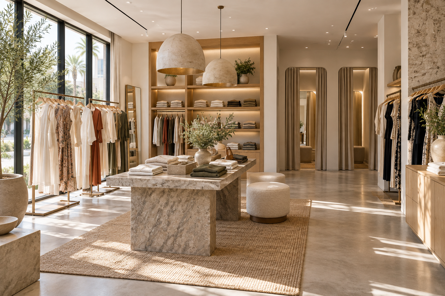 Women's clothing boutique concept with dresses, curated clothing racks and oak detailing