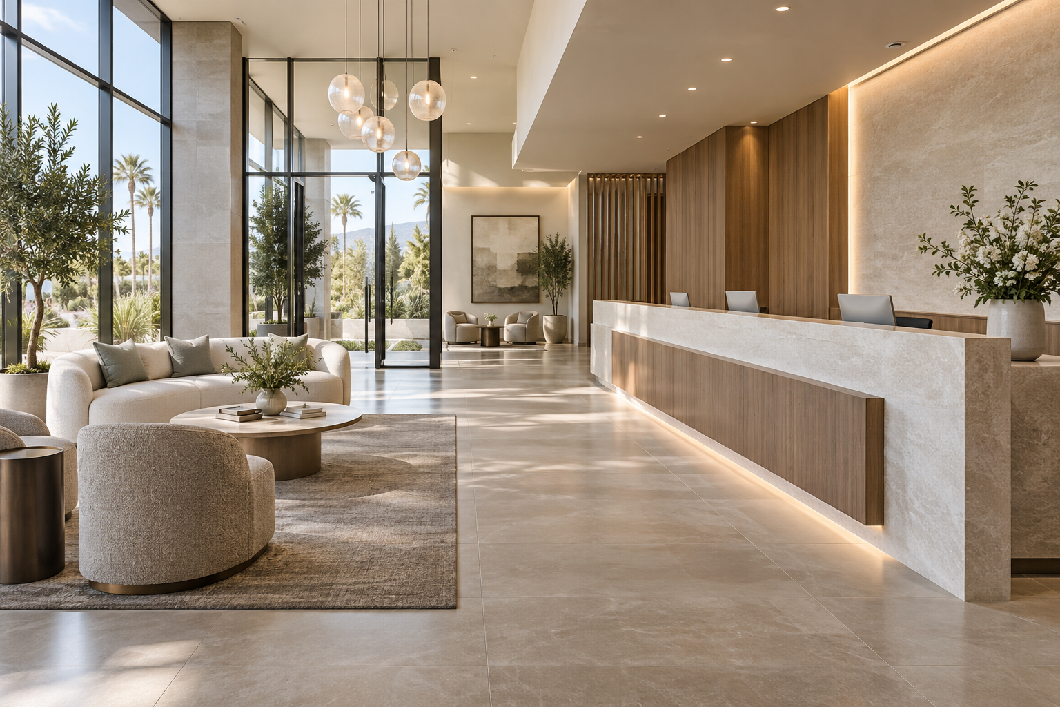 Spacious cosmetic surgery center lobby concept with modern reception desk and generous waiting areas