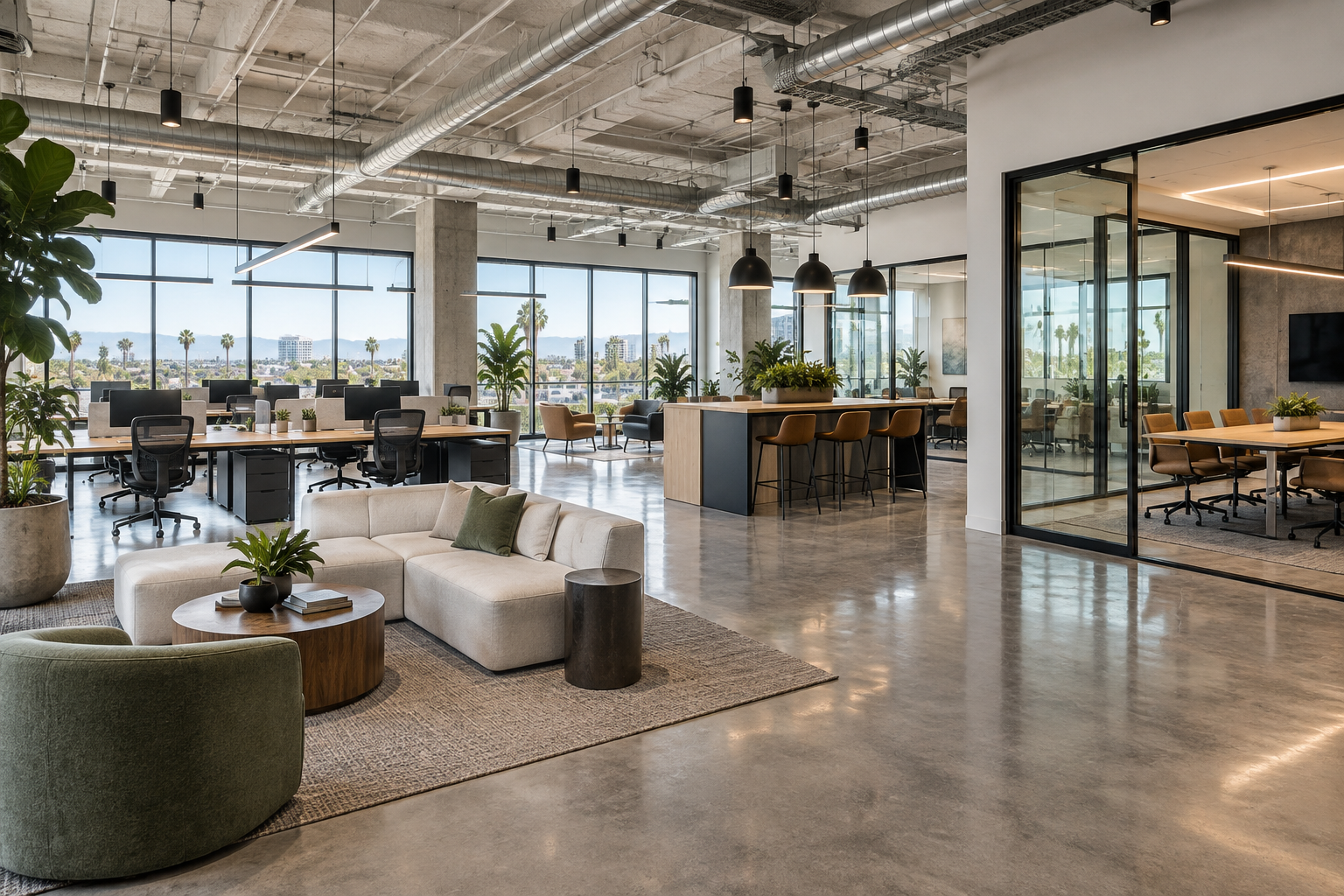 Renovated open workspace concept with polished concrete floors, workstations and glass meeting rooms