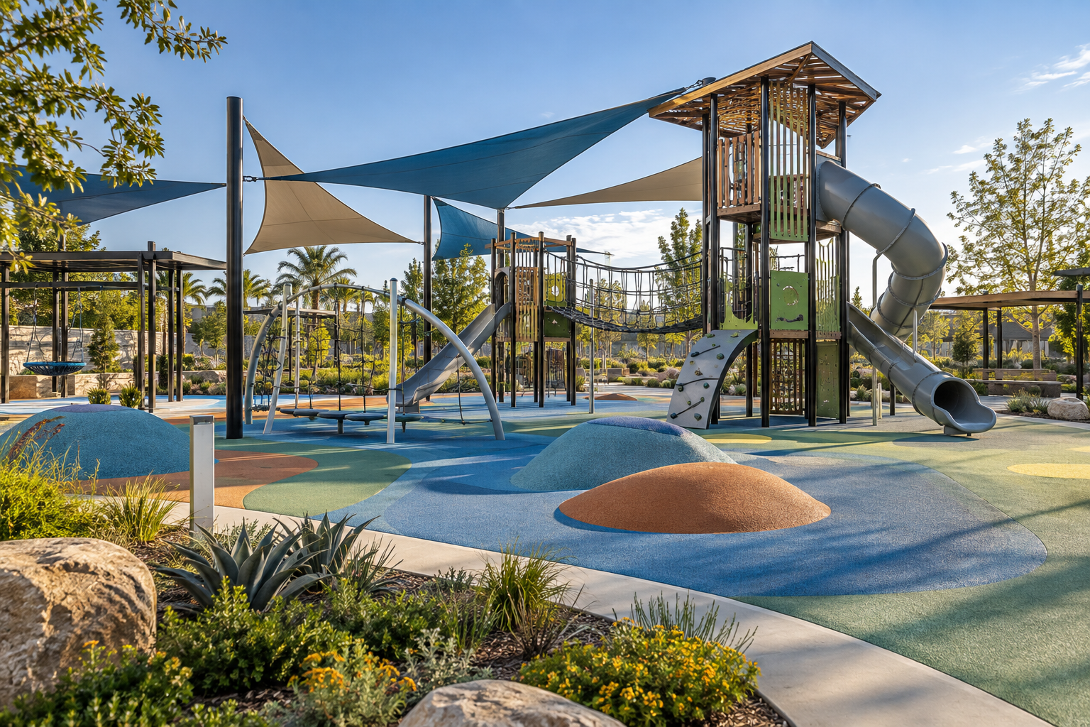 Outdoor children’s playground concept with slides, climbing structures, shade sails and colorful rubber surfacing