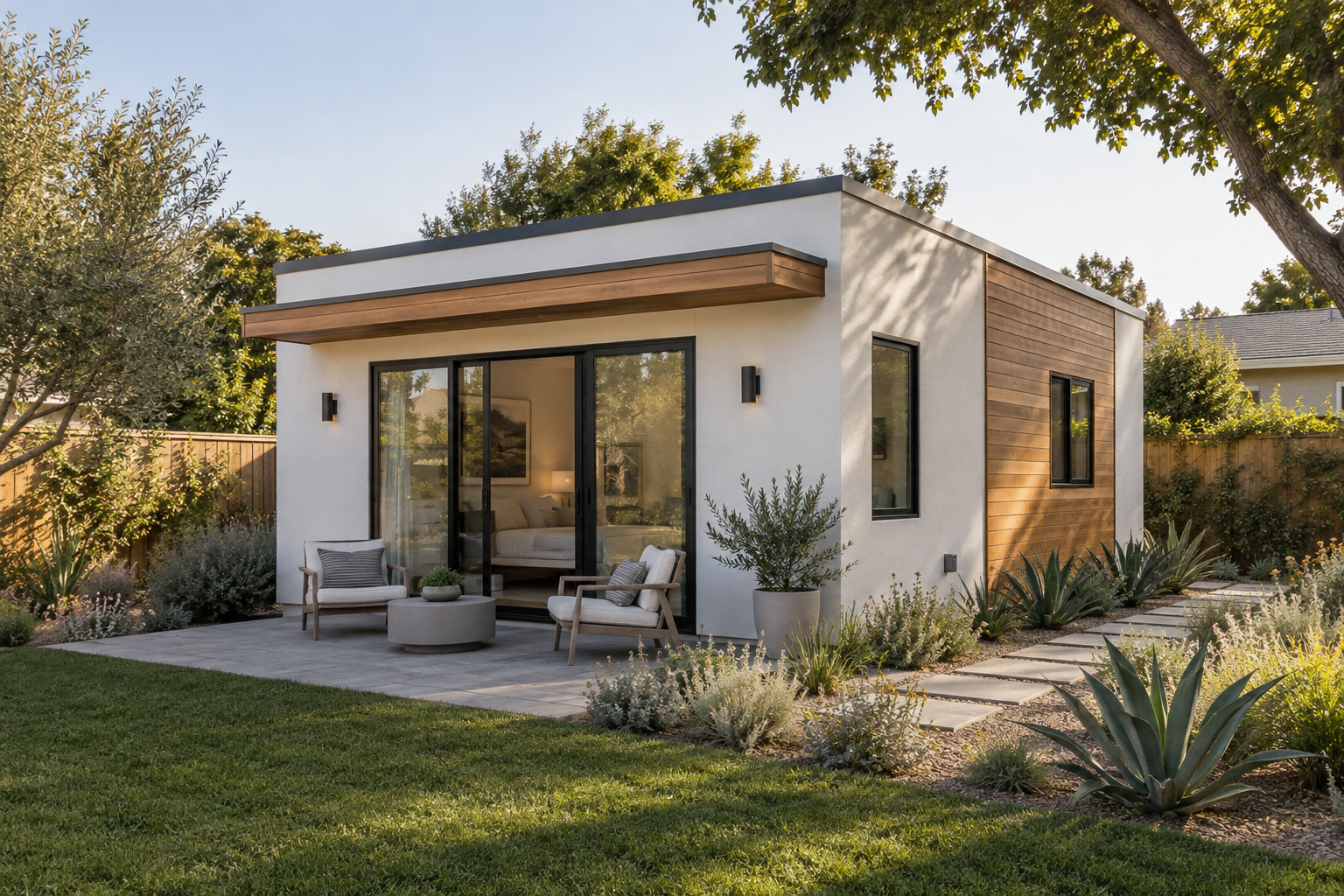 Backyard ADU — White stucco, wood accent siding and dark-framed sliding doors open onto a private paved patio with drought-tolerant planting.