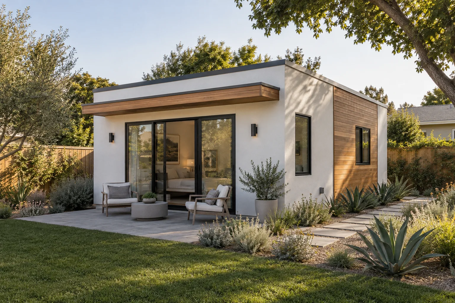 Backyard ADU — White stucco, wood accent siding and dark-framed sliding doors open onto a private paved patio with drought-tolerant planting.