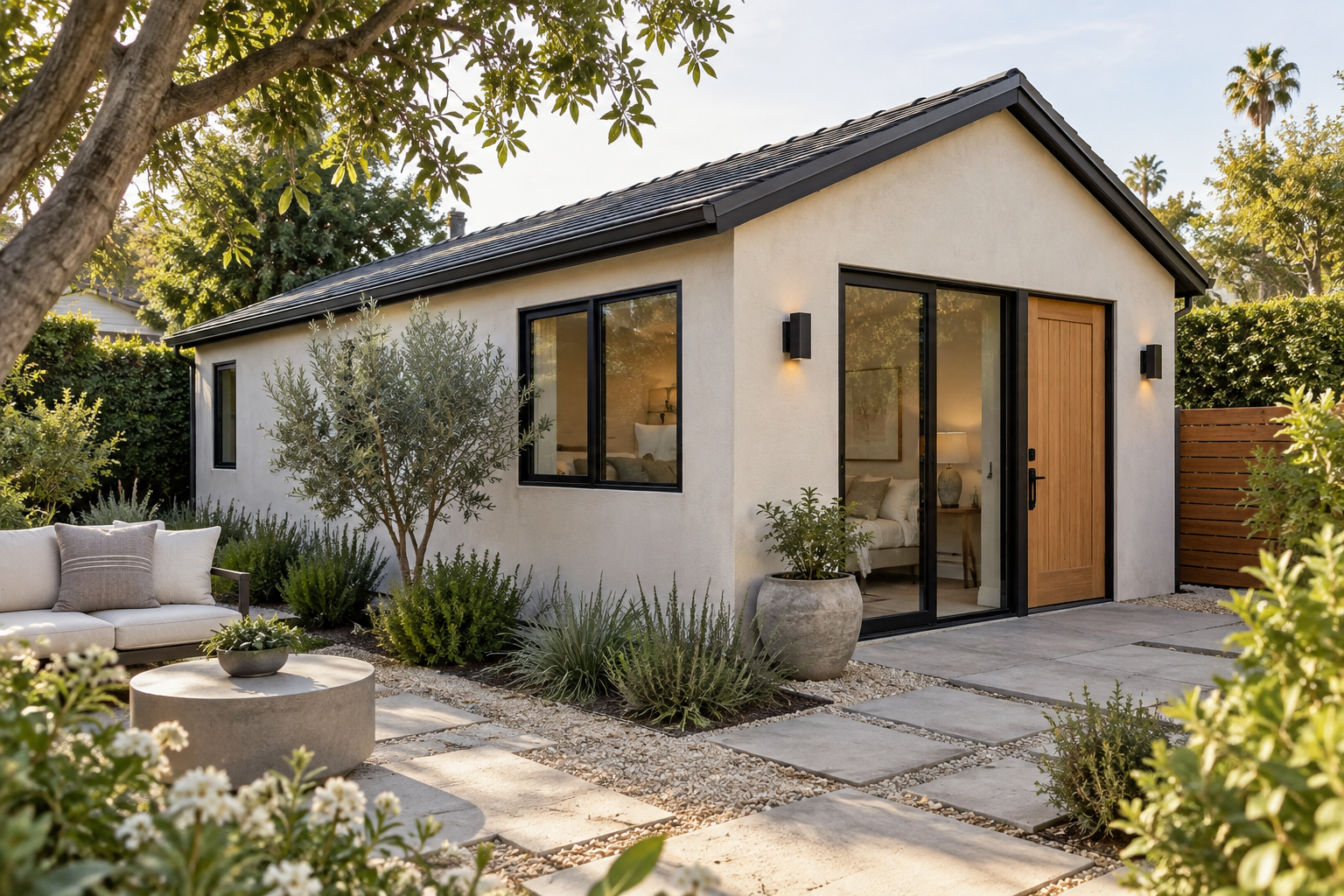 Garage-conversion concept — A compact pitched-roof dwelling pairs light stucco, dark window frames and a wood entry door with a garden courtyard.
