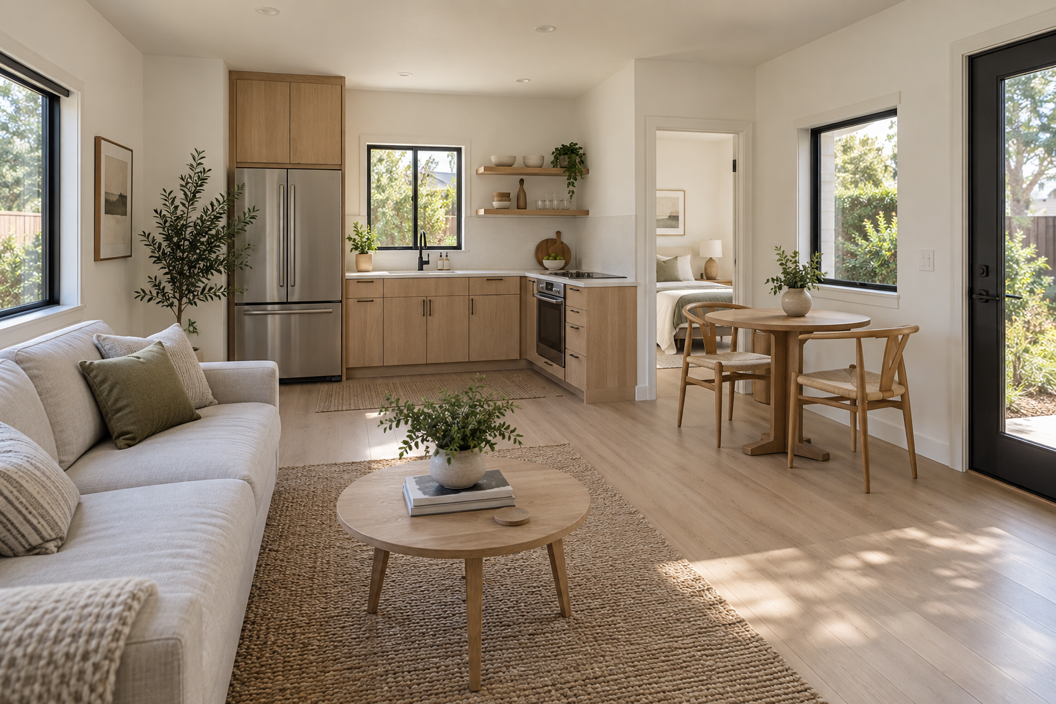 ADU interior — White oak cabinetry, pale quartz counters and light wood flooring connect a compact kitchen with comfortable living and dining areas.