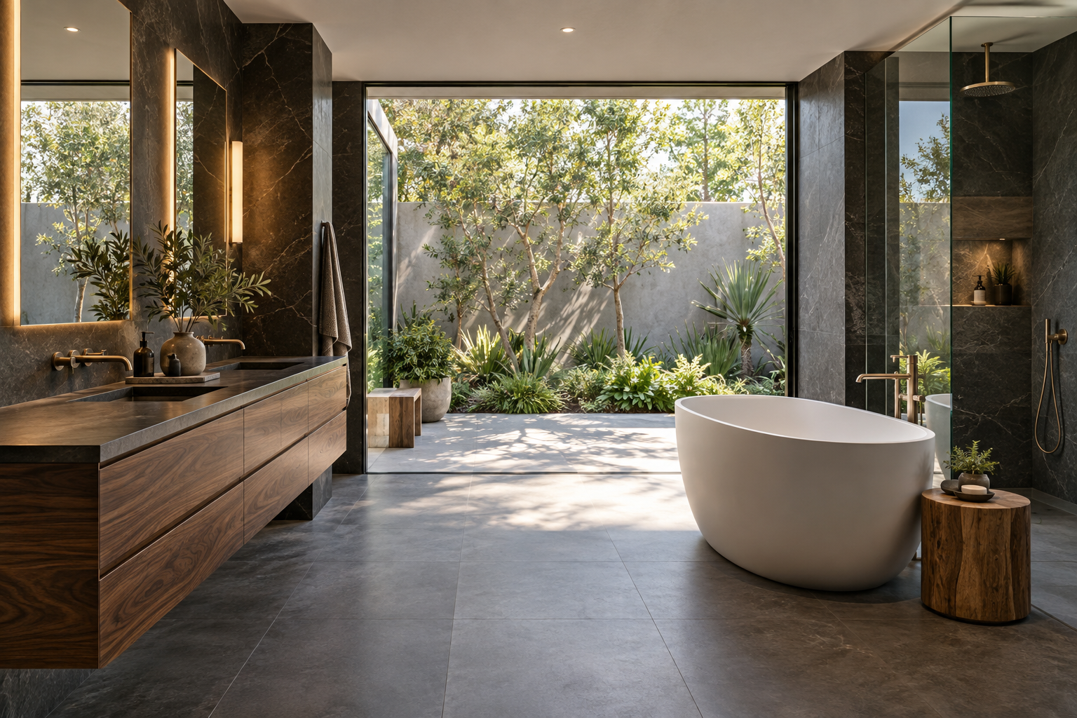 Contemporary bathroom concept with walnut vanity, charcoal stone and a freestanding bathtub