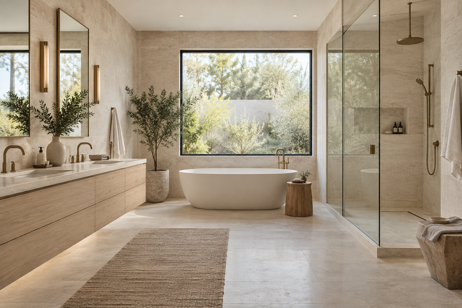 Spacious bathroom concept with oak double vanity, pale stone and a glass walk-in shower