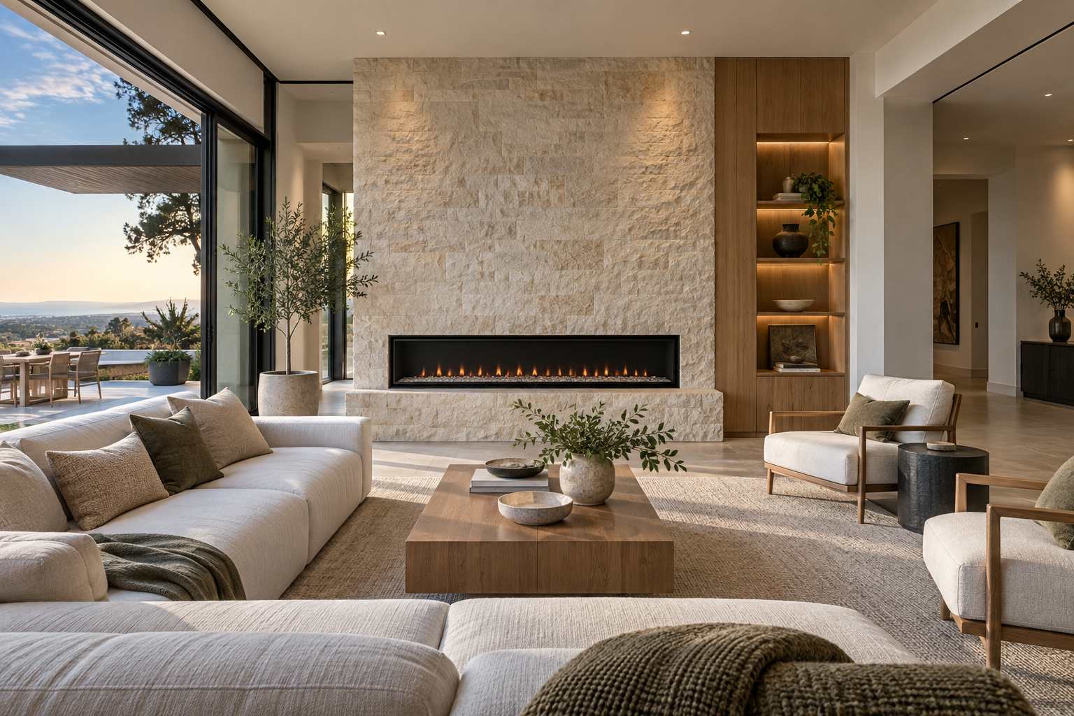 Living room concept with a linear electric fireplace and textured stone accent wall