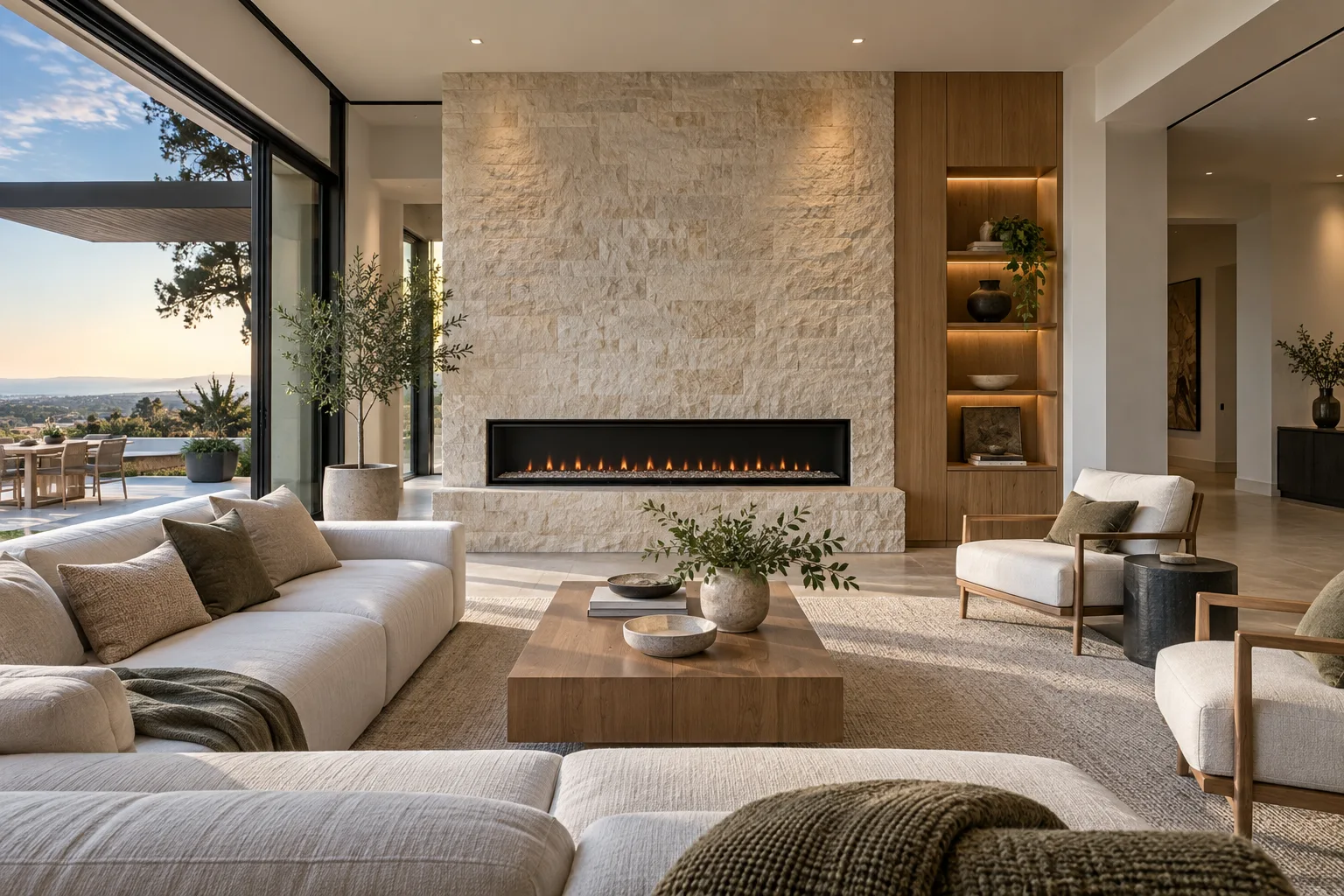 Living room concept with a linear electric fireplace and textured stone accent wall