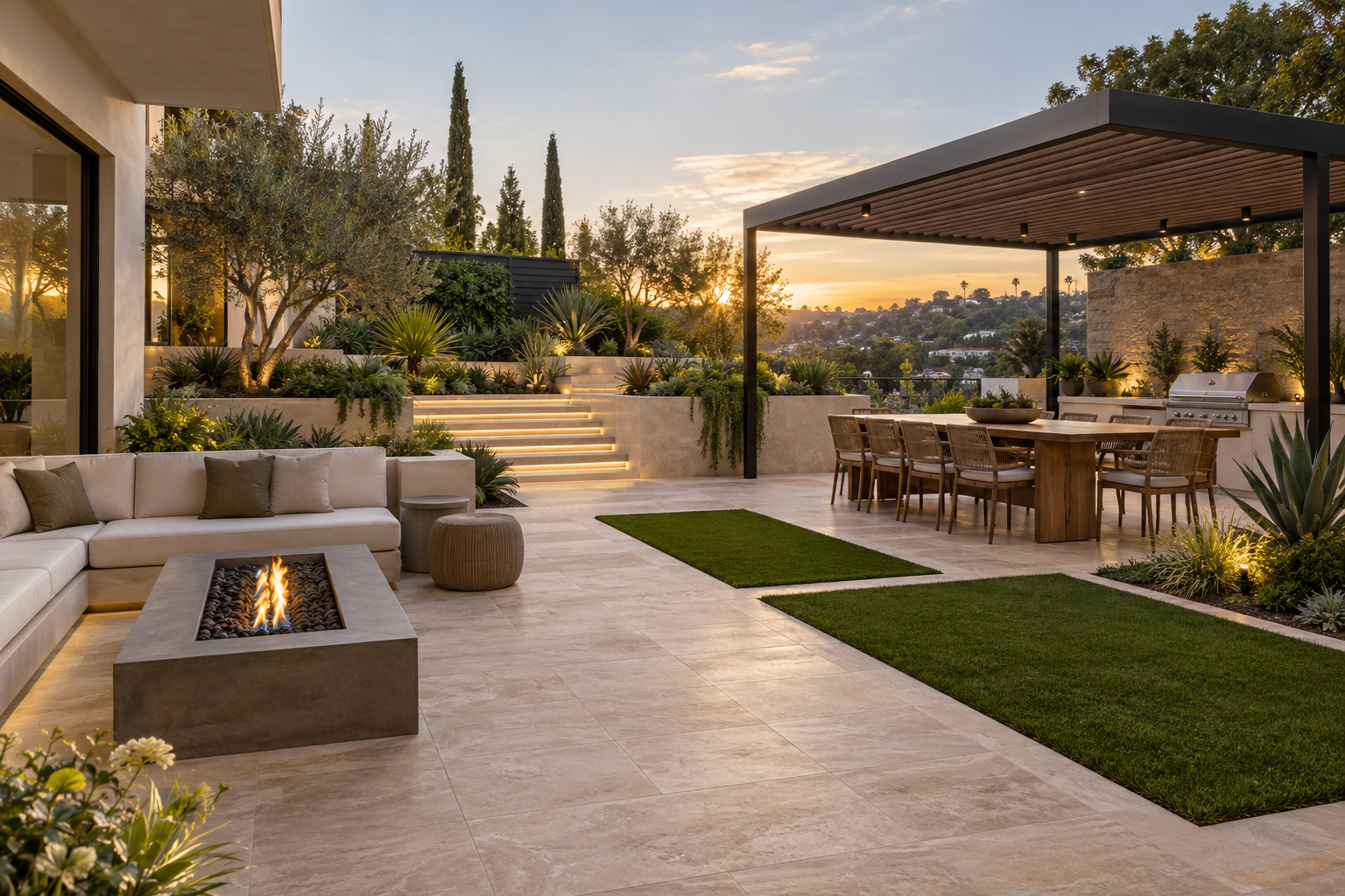 Contemporary hardscape courtyard concept with stone paving, synthetic turf, raised planters and a dining pergola