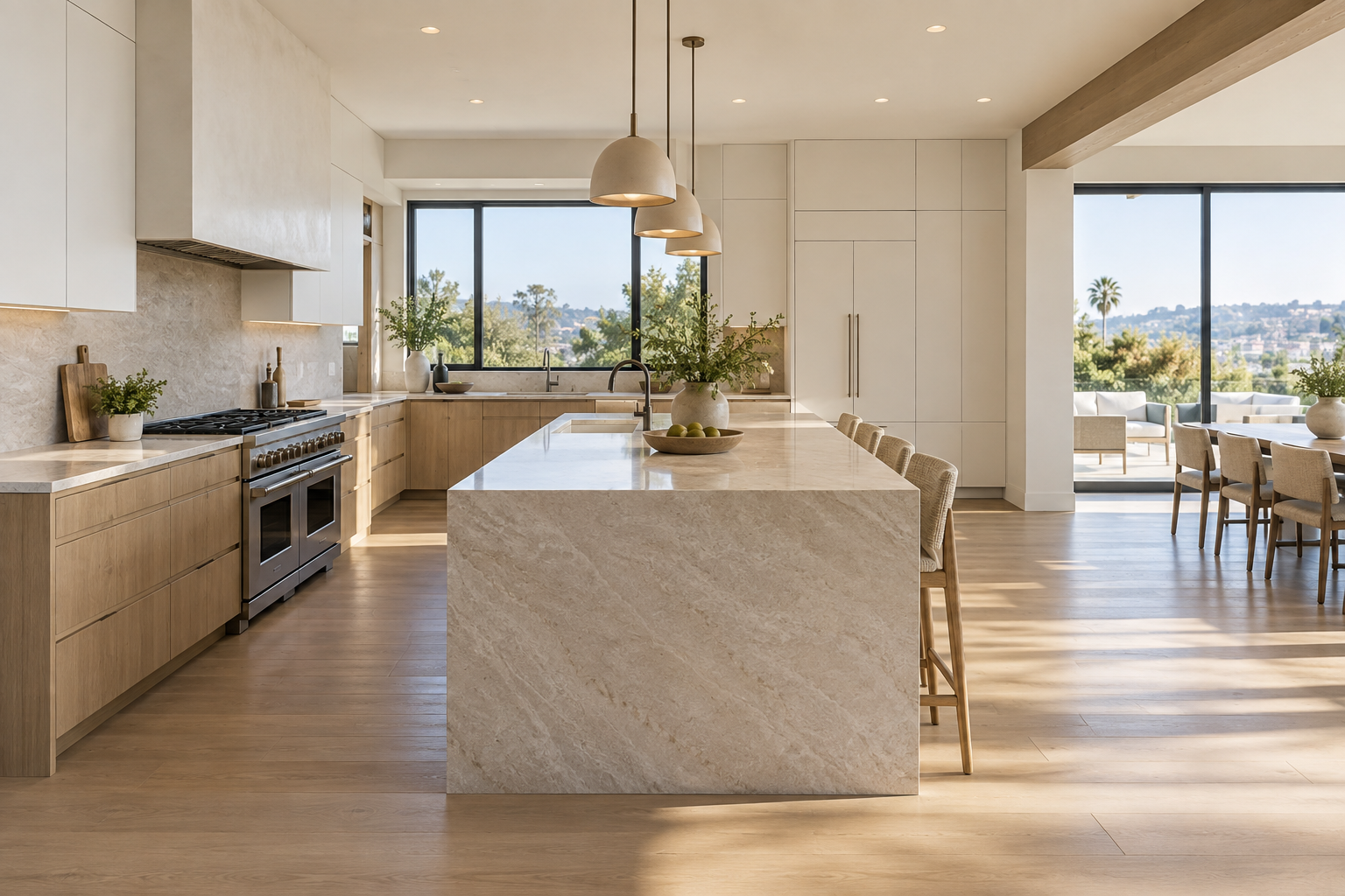 Airy kitchen concept with white oak cabinets and a pale stone island