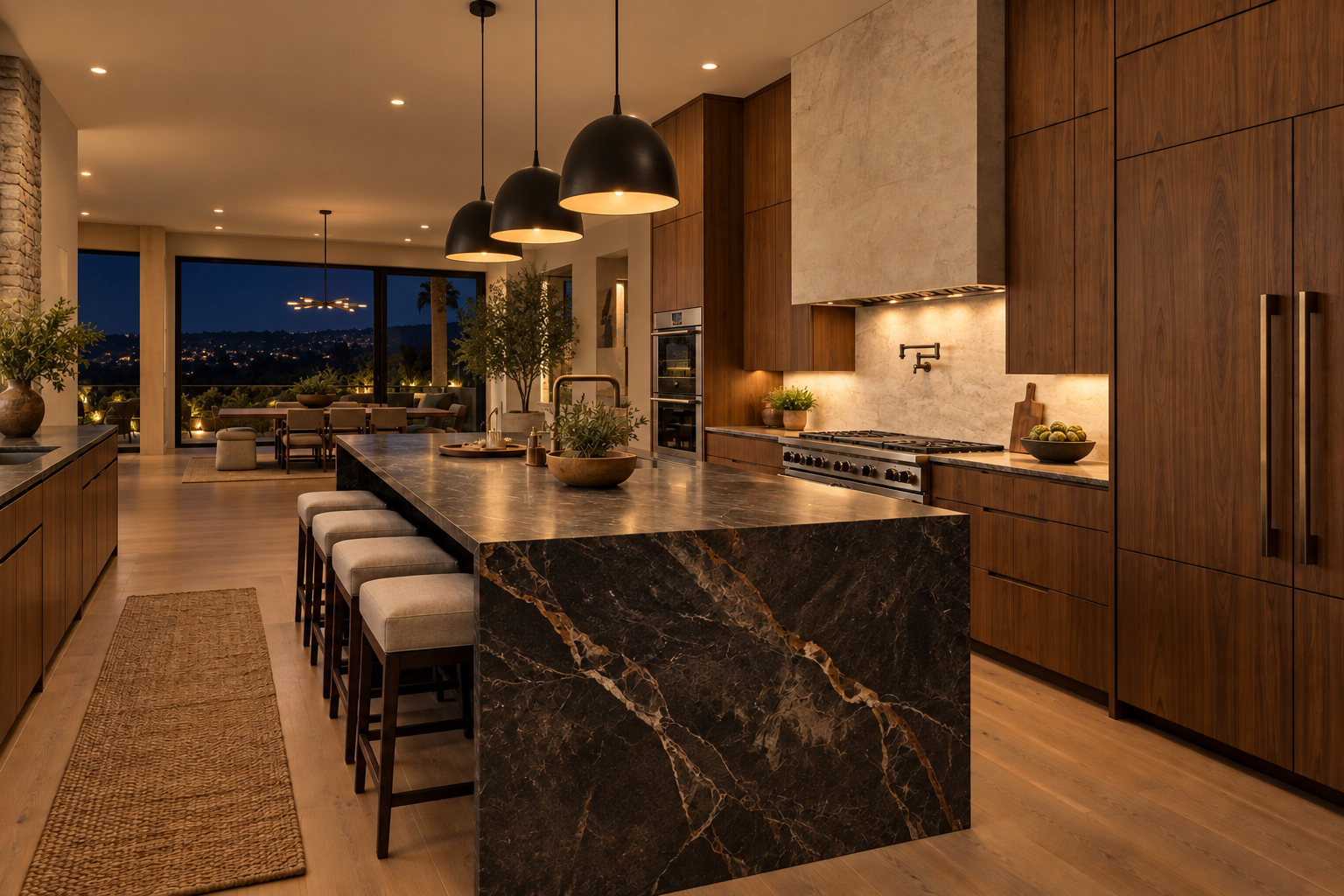 Nighttime walnut kitchen with dark veined stone waterfall island and warm pendant and task lighting