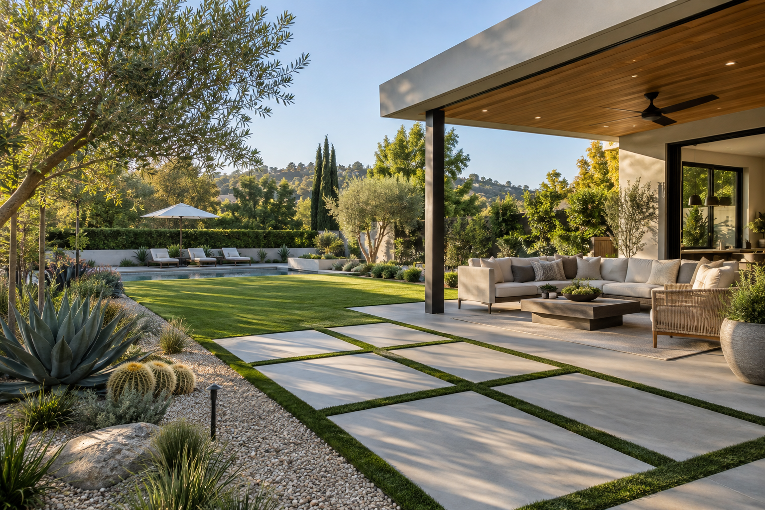 Outdoor hardscape concept combining concrete pavers, synthetic grass and a covered patio